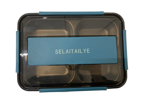 SELAITAILYE Mess-tins Stainless Steel Bento Box,4 Compartments Divided Lunch Box, Food Storage Container with Chopsticks Spoon , Lunch Box for Adult Office Outdoor (Blue)